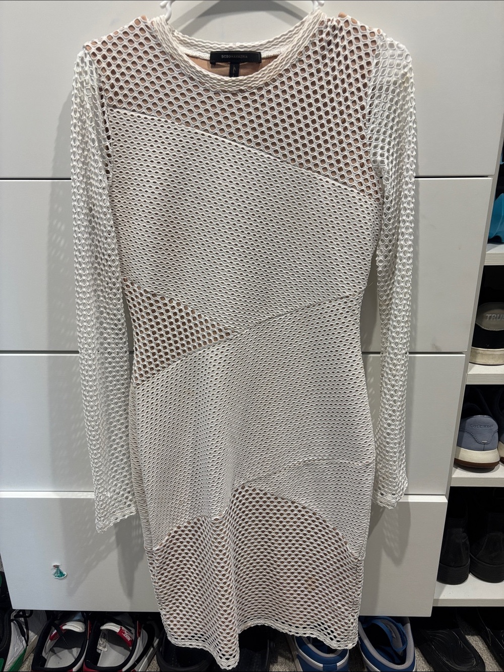 BCBGMaxAzria Cream Open-Knit Long Sleeve Dress